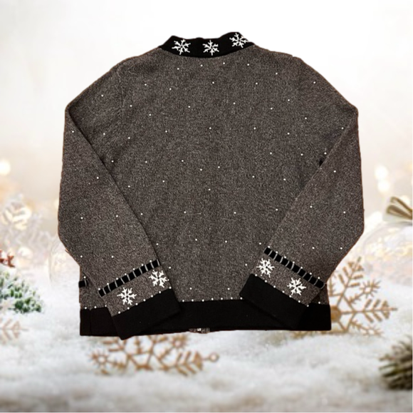 Holiday Gray Zip Up Sweater Embellished Pearl Accent and Velvet Moose Vintage M - Picture 4 of 4